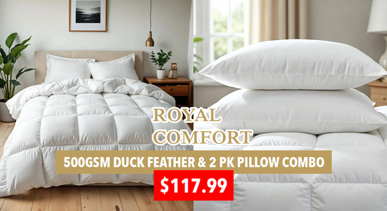 Shop the Royal Comfort Winter Warmers! 500GSM Goose Feather Down Quilt and Goose Pillows 2 Pack Combo - $117.99! sale